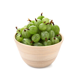 Bowl with fresh ripe gooseberry on white background