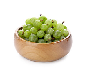Bowl with fresh ripe gooseberry on white background