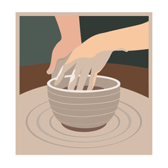 Pottery wheel vector. A potter sculpts a clay pot on a potter's wheel. Vector illustration.