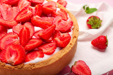 Tasty strawberry pie on table, closeup
