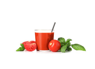 Glass of tasty tomato juice on white background
