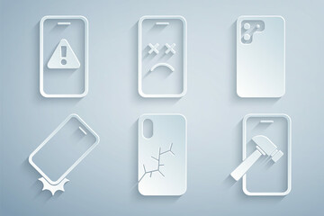 Set Mobile with broken screen, Smartphone, Shockproof, Dead mobile and exclamation mark icon. Vector