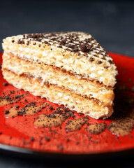 Sweet waffle cake with condensed milk and cocoa powder on top. Served on a red plate over dark black background.