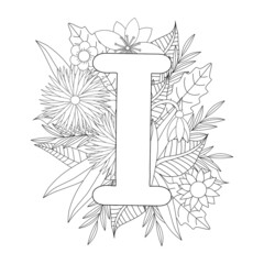 Letter I coloring page. Floral coloring.
