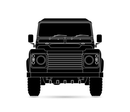 Britischer Geländewagen der Marke Land Rover, Defender, in der Frontalansicht