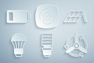 Set LED light bulb, Solar energy panel, Wind turbine, Location with leaf and Battery icon. Vector