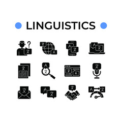 Translation glyph icons set. Linguistics. Vector fill black illustration.