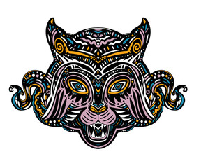 Tiger exotic animal head in lunar zodiac style. Hand drawn wild cat magic composition retro traditional tattoo style.