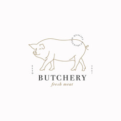 Vector design linear template logo or emblem - farm pig. Abstract symbol for meat shop or butchery.