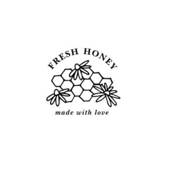 Vector illustartion logo and design template or badge. Organic and eco honey label- flowers with honeycomb. Linear style.