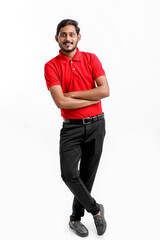 Happy Asian man in t-shirt and cap standing on white background, Delivery service concept