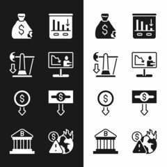 Set Global economic crisis news, Drop in crude oil price, Money bag, Pie chart infographic, Dollar rate decrease, and Bank building icon. Vector