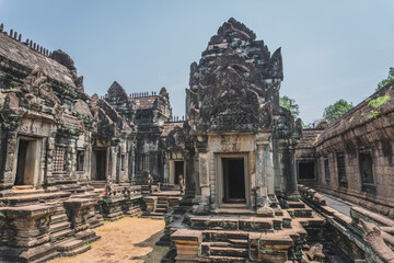 Naklejka premium Ancient Angkor Wat Ruins Panorama. Banteay Srei Temple. Siem Reap, Cambodia