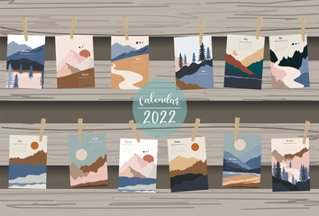 2022 table calendar week start on Sunday with mountain,landscape that use for vertical digital and printable A4 A5 size - obrazy, fototapety, plakaty