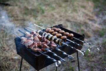 Skewers meat and vegetables on barbecue grill, close-up. barbecue and pickled mushrooms on the grill. Kebab on brazier.