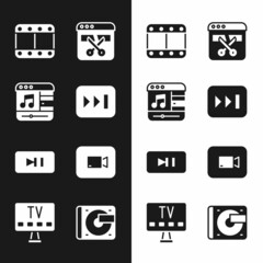 Set Fast forward, Music player, Play video, Video recorder editor, Pause button, Vinyl with vinyl disk and Smart Tv icon. Vector