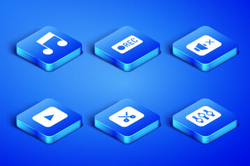 Set Sound mixer controller, Music note, tone, or video editing, Play button, Record and Speaker mute icon. Vector