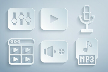 Set Speaker volume, Microphone, Music playlist, MP3 file, Play button and Sound mixer controller icon. Vector