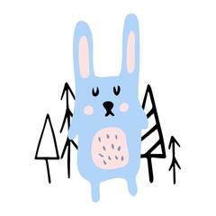 Vector hand drawn color childrens illustration with cute hare and trees. Creative childrens forest illustrations for fabric, packaging, textiles, books, clothes.