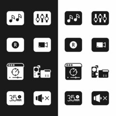 Set Play video button, Record, Music note, tone, Sound mixer controller, Online play, Cinema camera, Speaker mute and Audio jack icon. Vector