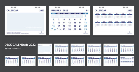 2022 calendar. Set desk calendar for template corporate design. Week start on Sunday.