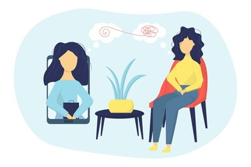 Online psychotherapy. Woman psychologist with tangled and untangled brain metaphor.Onlinepsychologist service, private counseling.Psychotherapy practice, psychological help.