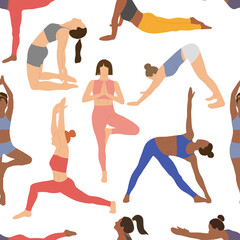 Seamless pattern with yoga poses. Backgrounds and wallpapers for invitations, cards, fabrics, packaging, textiles, posters. Vector illustration.