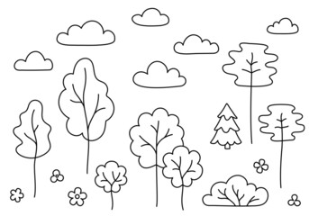 Vector Collection of decorative elements for children's coloring pages. Cute simple trees, shrubs, clouds, flowers. Outline drawings in cartoon doodle style. Park or garden trees. Isolated on white.