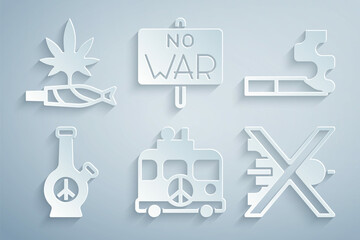 Set Hippie camper van, Cigarette, Bong, No war, and Marijuana joint, spliff icon. Vector