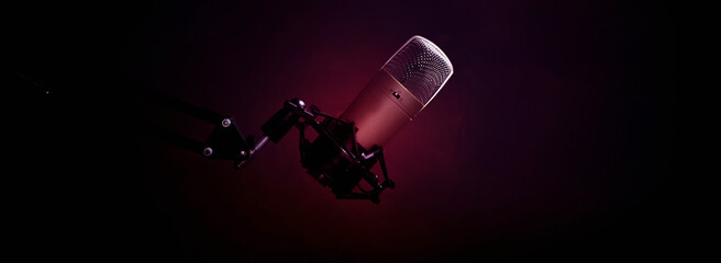 Dark tone with condenser microphone. Microphone in the recording room. - obrazy, fototapety, plakaty