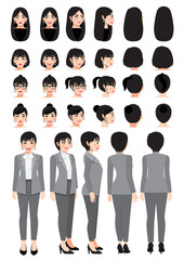 Fototapeta premium Business woman cartoon character in grey smart suit and different hairstyle for animation design vector collection