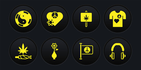 Set Marijuana joint, spliff, Peace t-shirt print stamp, Flower vase, Flag peace, Love, Headphones and Yin Yang symbol icon. Vector