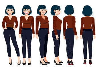 Fototapeta na wymiar Cartoon character with business woman in casual wear for animation. Front, side, back, 3-4 view character. Flat vector illustration