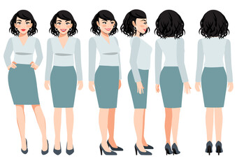 Obraz premium Cartoon character with business woman in green pastel color casual wear for animation. Front, side, back, 3-4 view character. Flat vector illustration