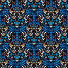 Tiger leopard exotic animal head in lunar zodiac style seamless pattern. Hand drawn ornament wild cat magic background.