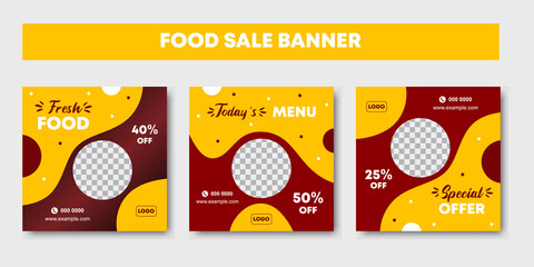 Food culinary social media post collection pack. Yellow and red background colored food sale promotion web square banner abstract design template. Vector illustration with photo college