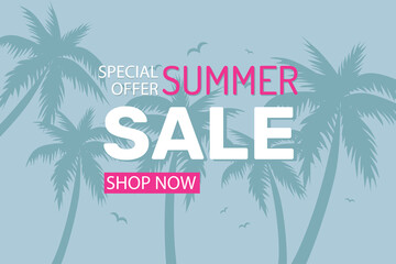 Naklejka premium Summer sale banner or poster. Background with palm trees. Shopping promotion template for summer season. Vector illustration