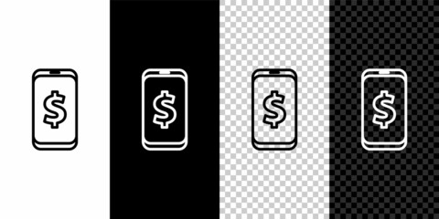 Set line Smartphone with dollar symbol icon isolated on black and white background. Online shopping concept. Financial mobile phone. Online payment. Vector Illustration