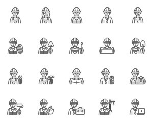 Construction workers line icons set