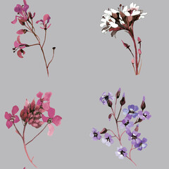 Obraz na płótnie Canvas Wildflowers watercolor isolated on grey background seamless pattern for all prints.