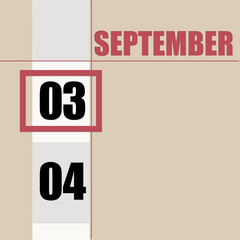 september 3. 3th day of month, calendar date.Beige background with white stripe and red square, with changing dates. Concept of day of year, time planner, autumn month.