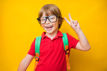 Back to school. First grade junior lifestyle teen concept. Close up studio photo portrait of cute...