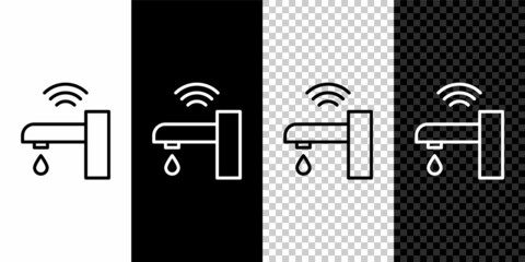 Set line Smart water tap system icon isolated on black and white background. Internet of things concept with wireless connection. Vector