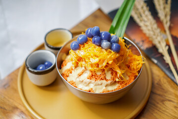 Thai Tea shaved ice with rice ball and Thai dessert called 
