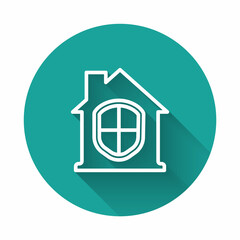 White line House under protection icon isolated with long shadow. Home and shield. Protection, safety, security, protect, defense concept. Green circle button. Vector