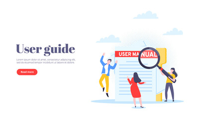 User manual guide book flat style design vector illustration. Tiny people, magnifying glass working together with guide book. Specifications user guidance document.