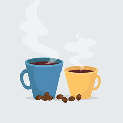 Two cups of fresh coffee. Vector Illustration. Flat style. Decorative design for cafeteria, posters, banners, cards
