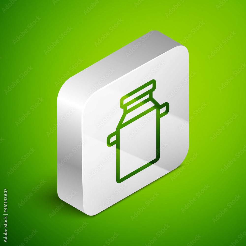 Poster isometric line can container for milk icon isolated on green background. silver square button. vecto