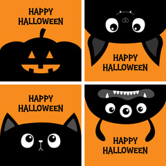 Happy Halloween. Black cat kitten head face, bat, monster, pumpkin set. Bones text font. Bone letter type. Cute cartoon pet character. Greeting card. Flat design. Orange background. Isolated.