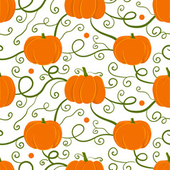 Seamless autumn pattern with orange pumpkins. Cartoon vegetable vector background